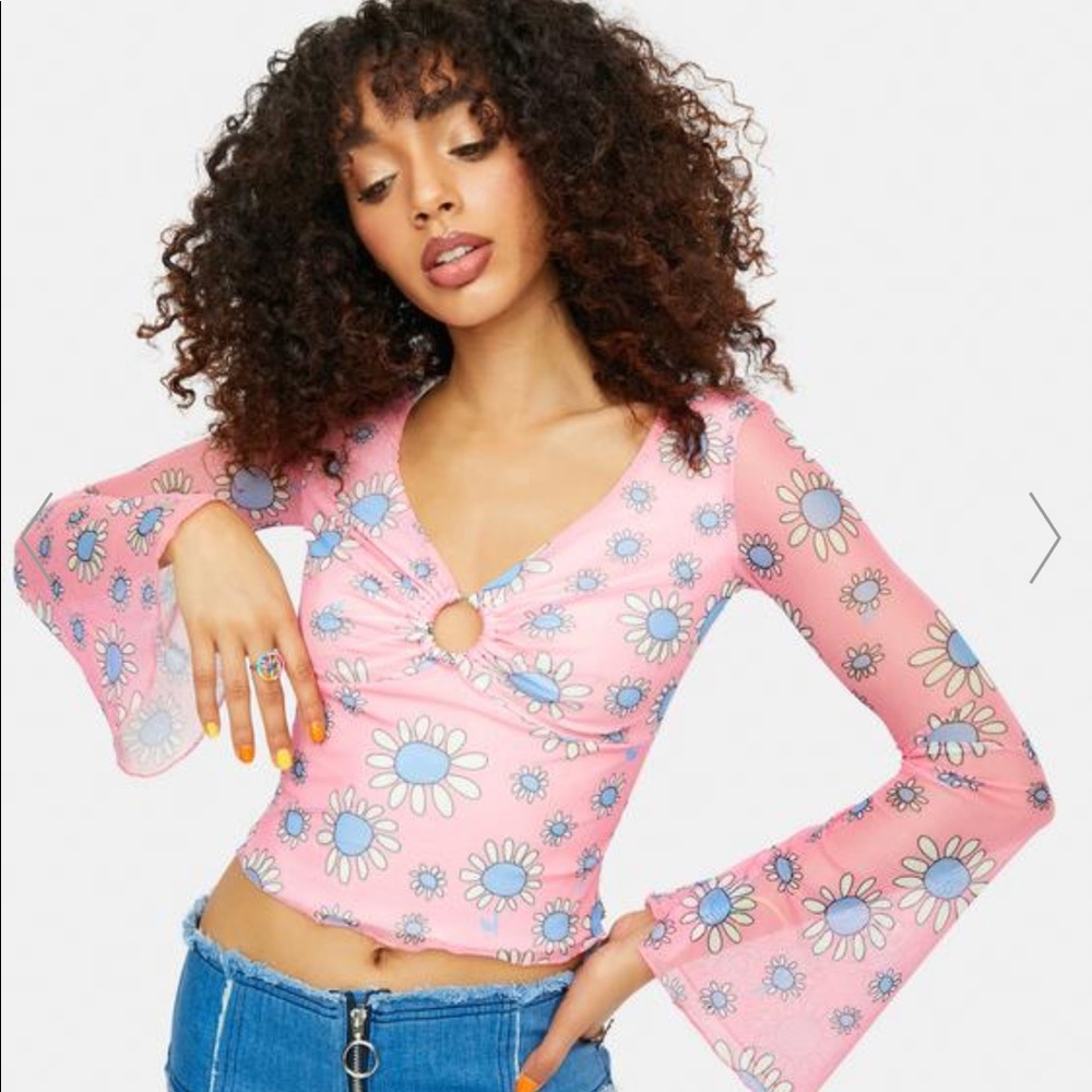 Groovy Bell Sleeve Mesh Pink Floral Crop Top 🌸